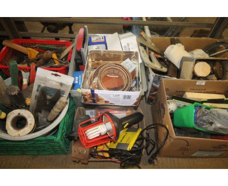 A box containing a quantity of screws, fastenings and fittings and a smaller box containing outdoor lamp, door lock etc 