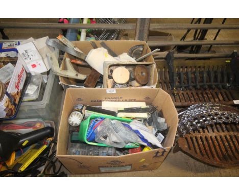 Two boxes containing tools including hacksaw, steel ruler, staples, fixings and fittings etc 