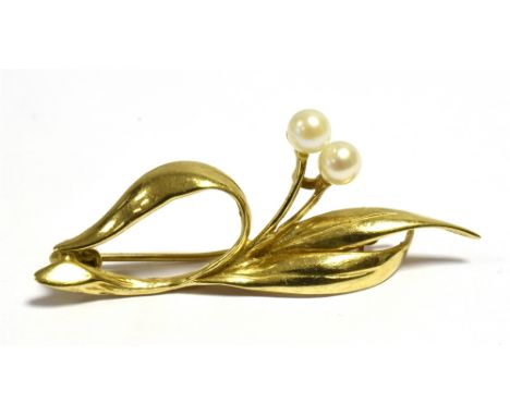 9CT GOLD &amp; PEARL FOLIATE SPRAY BROOCH  3.9cm long set with two 4.1mm white pearls on a wire pin and roller clasp.  Hallma