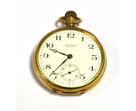 A 9CT GOLD WALTHAM USA POCKET WATCH  49.3mm open face case, white ceramic face, black Arabics, seconds sub dial, manual wind 