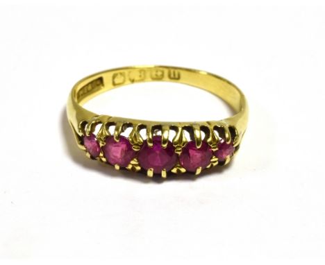 AN ANTIQUE RUBY BELCHER CLAW SET RING  5.3mm wide head with five round cut bright rubies, ring size J 1/2.  Hallmarked 18 Bir