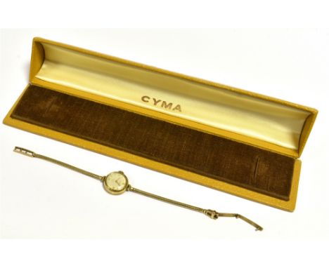 LADIES 9CT GOLD CYMA COCKTAIL WATCH  16.7mm round case, oyster coloured dial, gold batons, hands and Arabics, manual wind, cu