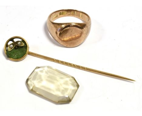 9CT GOLD SIGNET RING, STICK PIN &amp; LOOSE   Smokey quartz, octagonal step cut stone, 20.2 x 14.0mm, stick pin 5.5cm long se