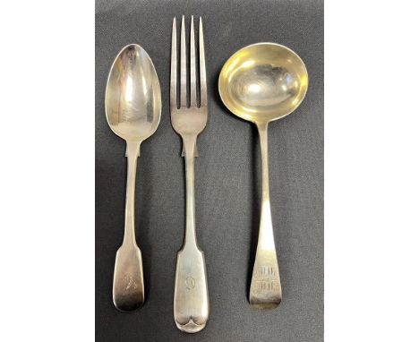 EARLY 19TH CENTURY SILVER FLATWARE  To include a George IV ladle with monogrammed terminal, hallmarked London 1824 and a Will