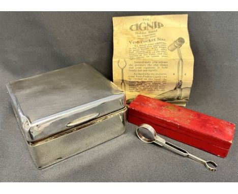 ANTIQUE SILVER MOUNTED CIGARETTE BOX  Lined with cedar wood, hallmarked Birmingham.  Also a sterling silver, vest pocket 'Cig