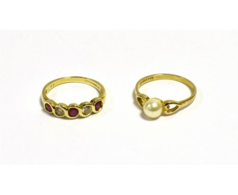 TWO 9CT GOLD DRESS RINGS a ruby and diamond five stone dress ring M1/2, a simulated single pearl dress ring with openwork hea