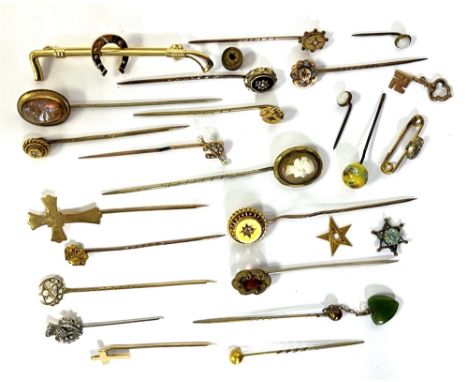 A COLLECTION OF ANTIQUE STICK PINS  Variously mounted in 9ct gold, rolled gold, base metal and silver,  set with old cut diam