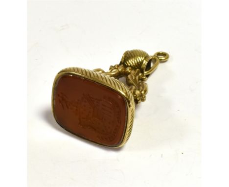 ANTIQUE GOLD &amp; HARDSTONE FOB SEAL  Standing 3.7cm tall, mounted in 9ct gold (tests as) with a 21.2 x 17.6mm base, contain