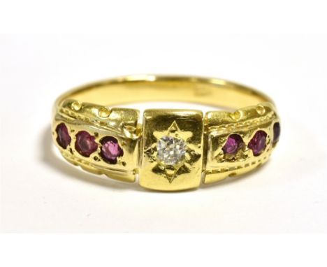 AN ANTIQUE OLD CUT DIAMOND &amp; RUBY RING   Star grain set with an old Swiss cut diamond flanked by bright rubies, ring size