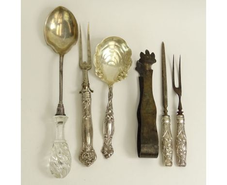 Collection of Six (6) Silver Serving Pieces Including: a Large Sterling Silver Handled Carving Fork; A Two (2) Piece Sterling