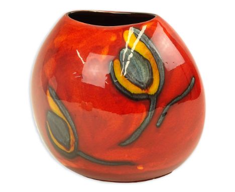 Mid Century Poole Pottery Vase. Floral motif on red-orange ground. Signed Poole Pottery England. Good condition with a very t