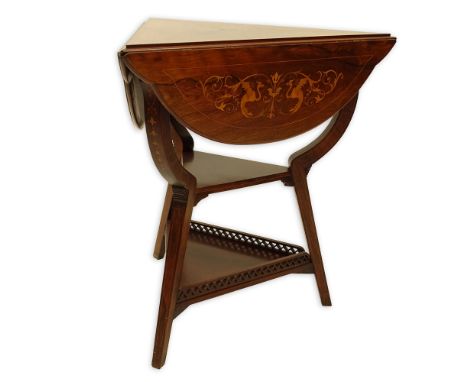 Antique Edwardian Style Inlaid Rosewood Handkerchief Table. Triangle shape with Chimera motif. Unsigned. Light scratches, scu