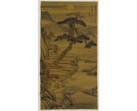 Antique Chinese Hand Painted Scroll on Paper. Landscape With Figure" Signed upper right. Creases, tears toning commensurate w
