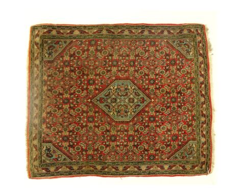 Small Semi Antique Persian Bijar Carpet with Turquoise Diamond Medallion. Tight weave. Unsigned. Good condition although in n
