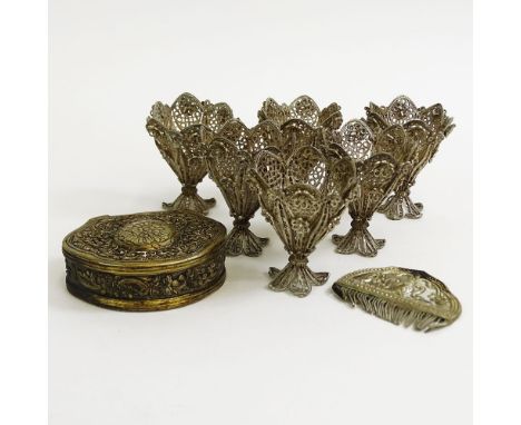 Miscellaneous Lot of 19/20th Century Turkish Silver. Includes 8 filigree cup holders, a small chased box containing a comb. N