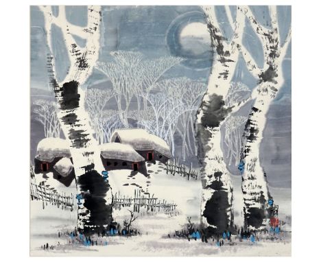 20th Century Chinese Gouache on Paper. "Winter Village"  Signed. Light foxing or in good condition. Measures 25-1/4" x 26-1/2