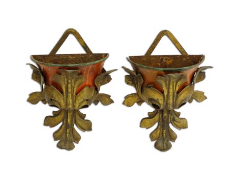 Pair Mid Century Painted Metal Wall Pockets. Unsigned. Light wear or in good condition. Measures 10" H x 7" W. Shipping $48.0