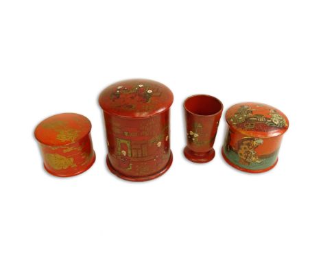 Collection of Four (4) Vintage Japanese Lacquer Boxes and Cup. Unsigned. Good condition. Tallest measures 4-1/2" H. Shipping 