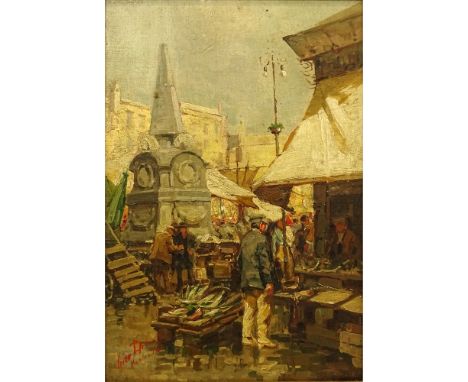 Early 20th Century Italian School Oil on panel "The Fish Market Naples 1906" Signed Lino Briante? Good condition. Measures 17