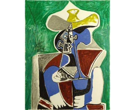 after: Pablo Picasso, Spanish (1881-1973) Marina Picasso Estate Lithograph "Buste Au Chapeau Juane Et Gris Sur Fond Verte" Es