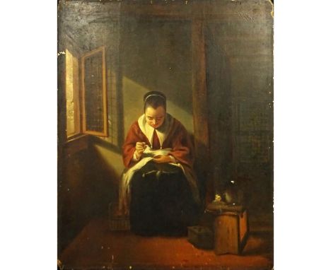 19th Century Oil on Cradled Panel Possibly Flemish "Mending"  Possible signature, labels, stencils en verso. Small losses. Me