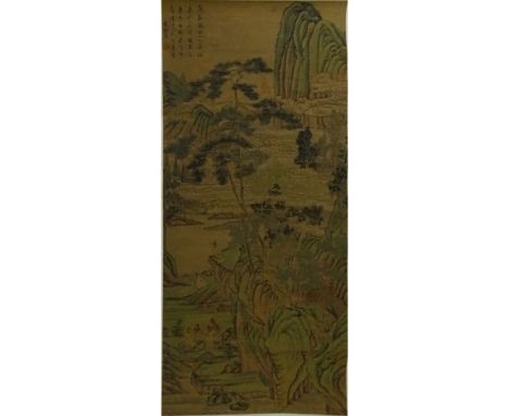 Antique Chinese Hand Painted Scroll on Paper. Signed upper right. Creases, toning commensurate with age. Measures 57" x 26", 