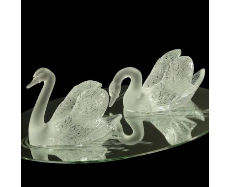 Pair Lalique Crystal Swans On Etched Plateau. Signed. Very light surface scuffs or good condition. Measures: Head up: 13" L b
