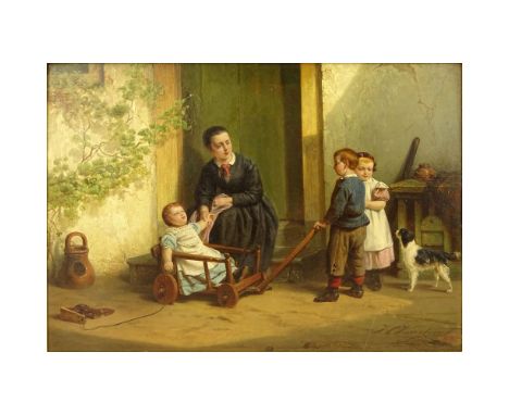 Johannes Christoffel Vaarberg, Dutch (1825-1871) Oil on panel "Playtime" Signed lower right. Old label en verso. Light scratc