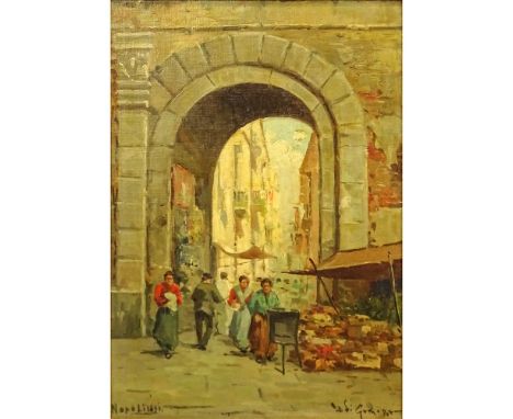 19th Century Italian School Oil on panel "Archway 1891" Signed indistinctly. Good condition. Measures 17-1/4" x 12-1/2", fram