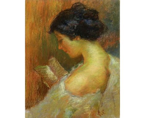 Attributed to: Attilio Simonetti, Italian (1843-1925) Pastel on paper "Portrait Of A Woman Reading". Initialed A.S. Good cond