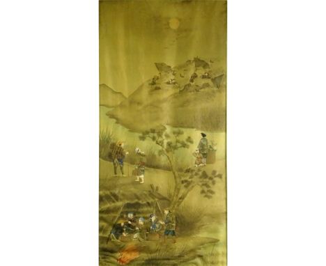 Large Vintage Hand Painted Chinese Scroll. Signed. Toning or in good condition. Measures 45" L x 22" W, frame 51" x 27-1/4". 