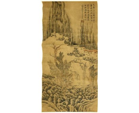 Antique Chinese Hand Painted Scroll on Paper. Signed upper right. Creases, toning commensurate with age. Measures 52" x 26", 