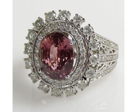 Rare GIA and AIG Certified Natural Unheated 3.44 Carat Oval Step Cut Pink Sapphire, 1.31 carat Round Brilliant Cut Diamond an