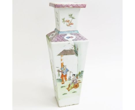 Vintage Chinese Export Hand Painted Porcelain Square Vase. Sticker on bottom Made In China. Drilled, light wear. Measures 12-