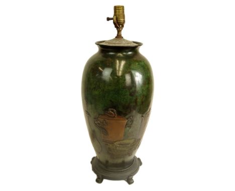 Very Large Vintage Japanese Mixed Metal Vase, now as a lamp. Probably 1920's. Deep green patina with applied mixed metal "Pre