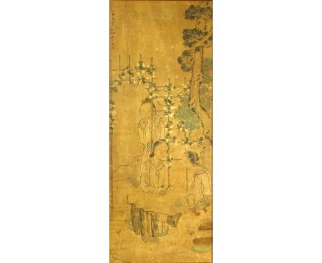 Antique Chinese Water Color On Paper Panel. Signed upper left. Antique condition, quite toned, light creases. Measures 38-3/4