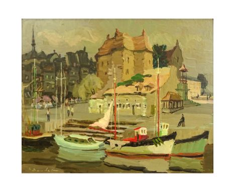 Pierre Boudet, French (1915/25-2010) Oil on Panel, "Honfleur". Signed and dated '69 lower right. Good condition. Measures 12-