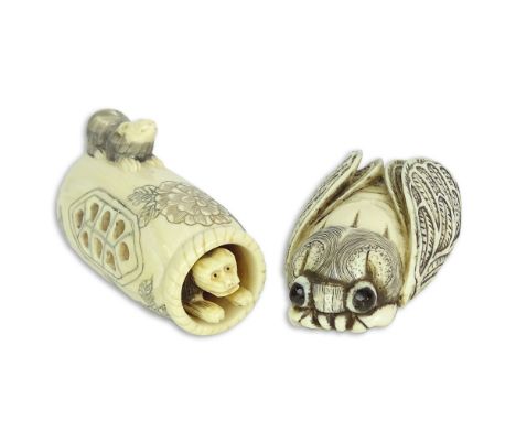 Two Carved Netsuke. One in the form of a cricket.cicaida, the other a moveable monkey coming out of a basket. Signed. Good co