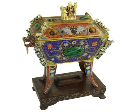 Vintage Chinese Cloisonné Censer With Gemstone Embellishments. Decorated with polychrome ivory finials, figural ring handles.