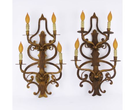 Pair of Vintage Burnished Metal Four (4) Light Sconces. Unsigned. Good condition. Measures 25-1/2" H x 15" W. Shipping: Third