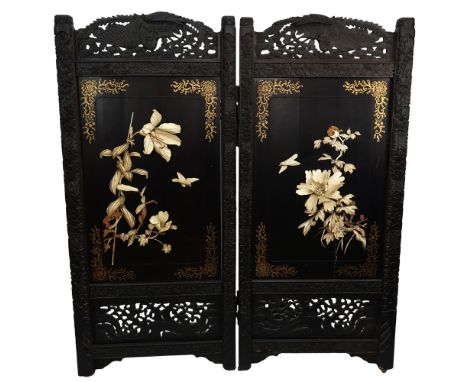 Large Antique Chinese Heavily Carved Hardwood Two Panel Screen With Carved Bone Relief Decoration and Lacquered Motif. Signed