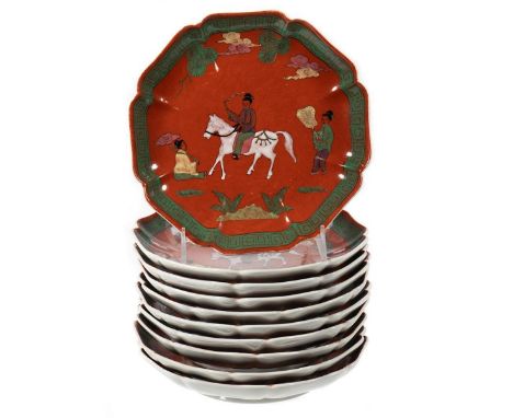 Vintage hand painted plates, set of ten 8 1/2in. bowls. Decorated with figures on horseback on red ground. Condition: minor w