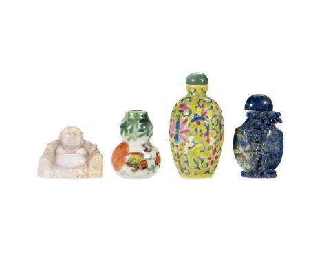 Including two ceramic, one carved stone bottle and a figure of Buddha. Greatest height 3in.