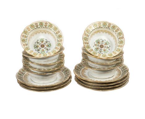 Comprising nine 4in.bowls and seven 5 1/2in saucers, all with gilt and floral decoration. Made for Wright Kay &amp; Co, Detro