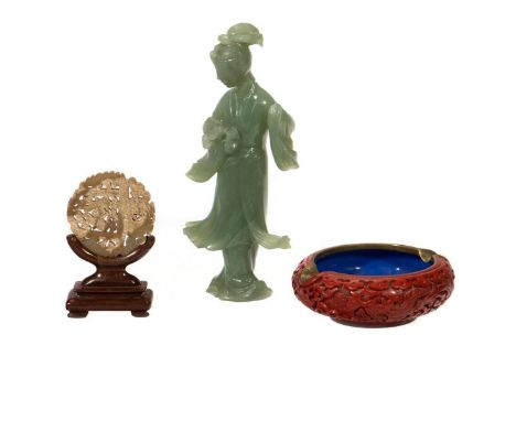 Together with a Carnelian ash tray and miniature table screen. Geatest height 7in. Condition: Seveal chips to jade figure