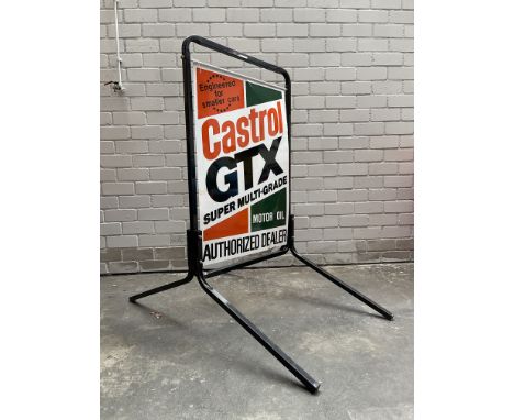 Castrol GTX motor oil two-sided dealer sidewalk metal sign, that shows some signs of use. Dimensions (H x W x D): 120 x 80 x 