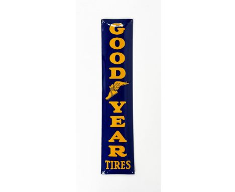 Goodyear Tires enamel sign. Reproduction. Dimensions (H x W x D): 90 x 20 x 1 cm. Condition: Excellent. Location: The Netherl