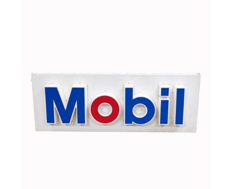 Large contemporary wall mount cabinet style Mobil light-up sign from a gas station. Moulded plastic light-up letters. Operate