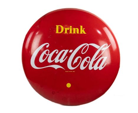 Hard to find 1955 48" Canadian Drink Coca-Cola convex single sided porcelain button advertising sign. Several cosmetic blemis