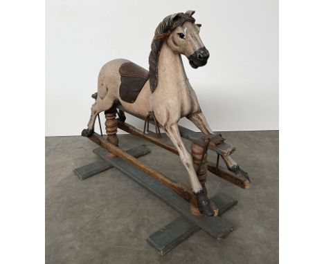 Vintage Children's Wooden Rocking Horse. Shows wear and paint loss, missing tail. Working condition untested. Dimensions (H x